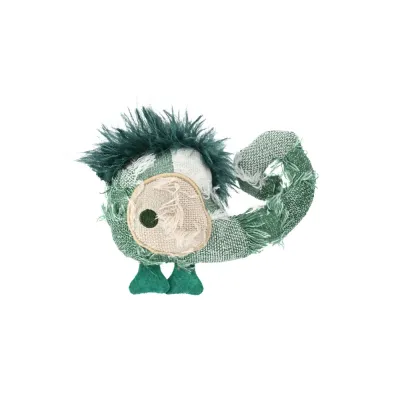 Green Hippie Shaggy Patchwork Chameleon Cat Toy Green shaggy patchwork chameleon cat toy with yarn dyed fabric on a white background from petfairs.