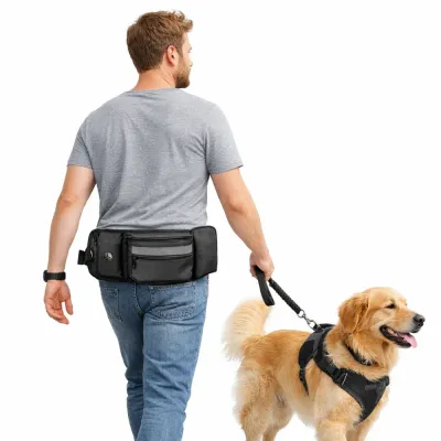 Hands-Free Dog Walking Training Belt Bag for Pet Owners | Petfairs man walking dog wearing hands free dog training belt bag with leash in outdoor
