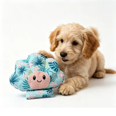 puppy playing with scallop dog toy squeaky summer pet toy cute interactive dog toy