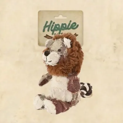 Hippie Tale Theater Lion Dog Toy Packaging Lion plush dog toy with Hippie Tale Theater branded vintage style cardboard packaging.