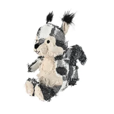 Hippie Shaggy Patchwork Squirrel Plush Dog Toy Gray and white shaggy patchwork squirrel plush dog toy with black tufted ears on a white background.