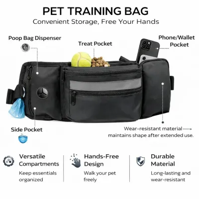 Dog Training Bag with Treat Pocket Phone Holder and Poop Bag Dispenser | Petfairs dog training bag with treat pocket poop bag dispenser phone pocket and side storage compartments