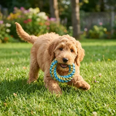 Interactive Dog Ring Toy for Outdoor Play | Fetch and Training Toy dog carrying braided ring toy in grass for outdoor fetch training and exercise