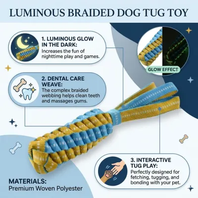 Luminous Braided Dog Tug Toy Features | Glow Rope Toy | Petfairs luminous braided dog tug toy glow in the dark rope toy with dental cleaning and interactive play features