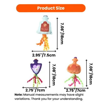Size chart of Halloween catnip toys showing potion bottle shapes with dimensions in inches and cm, designed for wholesale pet supplies