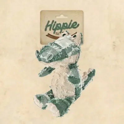 Hippie Tale Theater Alligator Dog Toy Packaging Hippie Tale Theater branded alligator plush dog toy with vintage style eco friendly cardboard packaging.