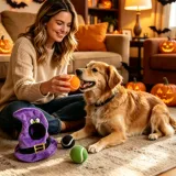 Dog Playing with Halloween Plush Toy at Home – Interactive Fetch Toy dog playing fetch with halloween plush toy and tennis ball in cozy home setting