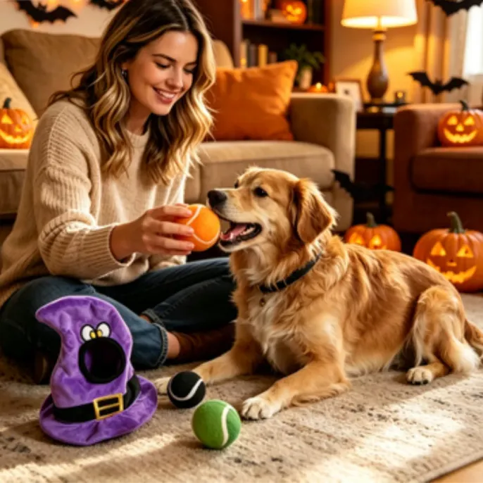 Dog Playing with Halloween Plush Toy at Home – Interactive Fetch Toy dog playing fetch with halloween plush toy and tennis ball in cozy home setting