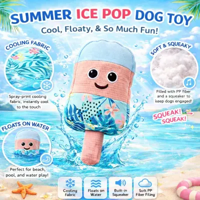 Summer Ice Pop Dog Toy Features Infographic showing the dog toy's features: cooling fabric, floats on water, built-in squeaker, and soft PP fiber filling.