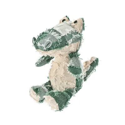 Hippie Shaggy Patchwork Alligator Plush Dog Toy Green shaggy patchwork alligator plush dog toy with yarn dyed plaid texture on a white background.