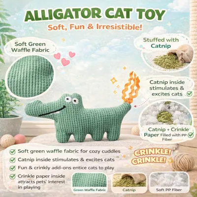 alligator cat toy features catnip crinkle paper waffle fabric soft plush pet toy