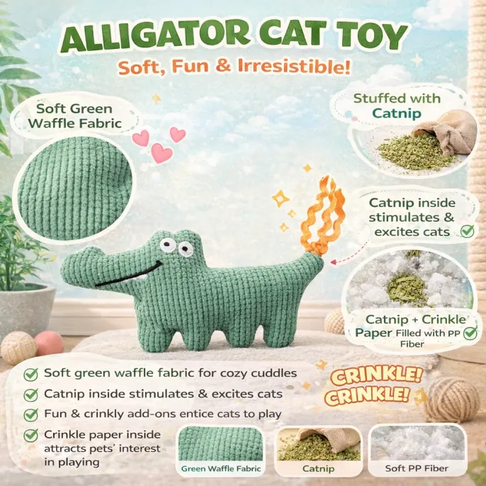 Alligator Cat Toy Catnip Crinkle Toy Features Soft Plush Design alligator cat toy features catnip crinkle paper waffle fabric soft plush pet toy