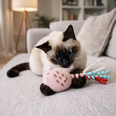 cat playing with fish catnip toy on sofa indoor pet toy scene