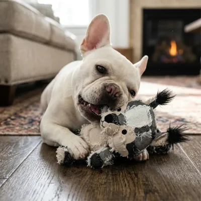 French Bulldog Playing With Squirrel Plush Chew Toy A French Bulldog holding the gray squirrel plush toy in its mouth to demonstrate interactive bonding and play.