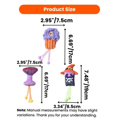 Spooky Cat Toy Size and Measurement Guide A size chart showing the height and width of the cupcake, mushroom, and witch hat cat toys in both inches and centimeters.