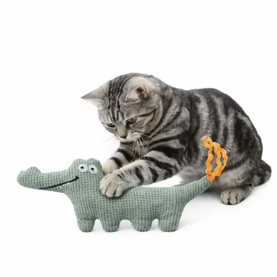 cat playing with green alligator cat toy plush catnip toy for cats interactive pet toy