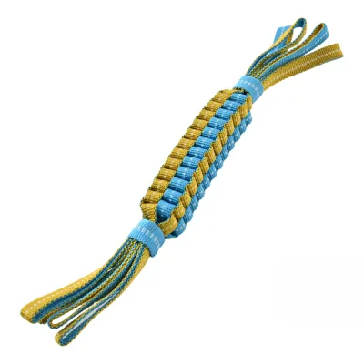 Premium Durable Braided Dog Tug Toy A professional studio shot of a blue and yellow braided pet toy made from 100% durable polyester webbing.