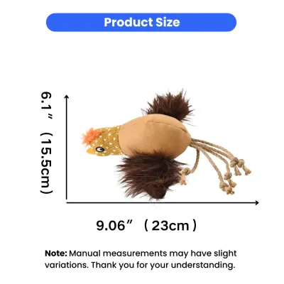 Measurement diagram of the chicken cat toy showing a length of 9.06 inches (23cm) and a width of 6.1 inches (15.5cm).