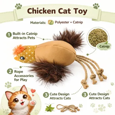 Infographic showing the cat toy's materials: polyester, built-in catnip, and knotted rope accessories for extra fun.