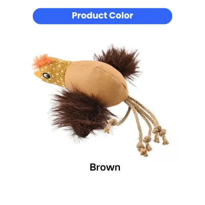 A brown plush chicken cat toy with faux fur wings and rope tail accessories against a white background.