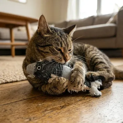 Cat Playing With Hippie Fish Catnip Toy A cat biting and playing with the hippie fish cat toy on a wooden floor.