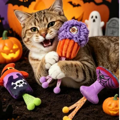 Ultimate Halloween Cat Toy Collection for Kittens A playful cat with a wide-open mouth holding a cupcake toy, surrounded by pumpkins and Halloween silhouettes.