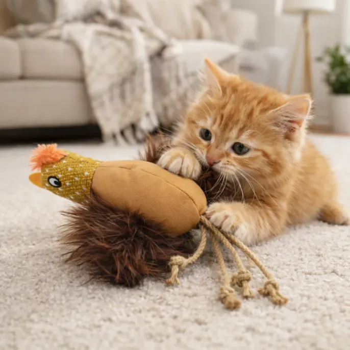 ginger-kitten-biting-catnip-chicken-toy An orange ginger kitten playing with the chicken cat toy on a white rug in a cozy living room setting.