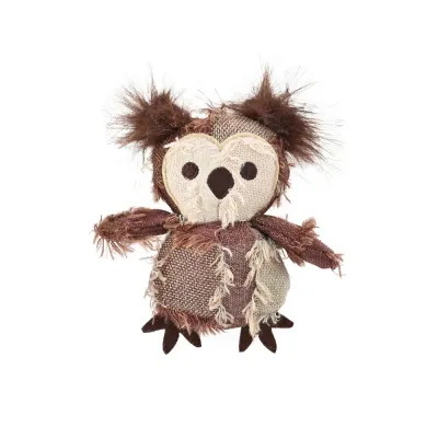 Hippie Owl Shaggy Patchwork Catnip Toy Shaggy patchwork owl catnip toy with brown textured fabric from petfairs.