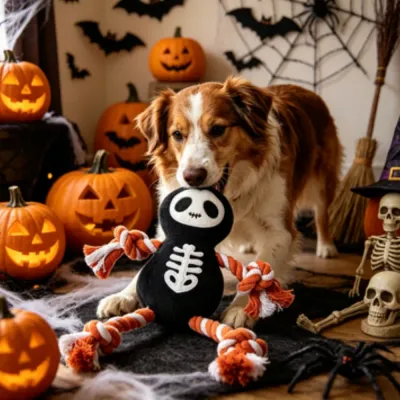 Australian Shepherd Playing with Halloween Skeleton Rope Toy Indoors An Australian Shepherd dog, in an indoor Halloween-decorated room with jack-o'-lanterns and cobwebs, holds a black plush skeleton rope chew toy in its mouth.