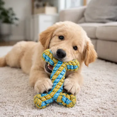 Interactive Rope Dog Toy for Indoor Play | Puppy Chew Toy at Home | Petfairs puppy playing with rope dog toy indoors on carpet interactive chew toy for dogs