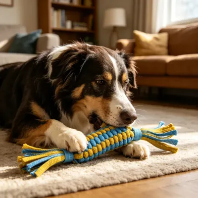 Dog Playing with Dental Tug Toy Indoors An Australian Shepherd lying on a rug indoors, playing with a blue and yellow braided dental toy.