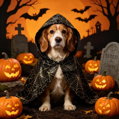 dog wearing halloween spiderweb cape sitting with pumpkins spooky pet costume