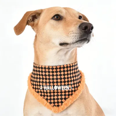 Halloween Dog Bandana Orange Checkered Pet Scarf | Petfairs dog wearing halloween bandana orange checkered pet scarf fuzzy trim close up