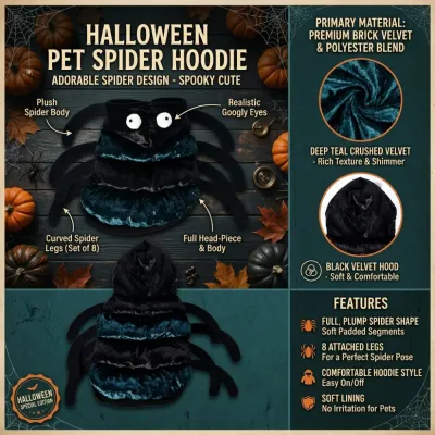 Halloween Pet Spider Hoodie Features | Velvet Material Dog Costume Details halloween dog spider hoodie velvet material plush body eight legs features