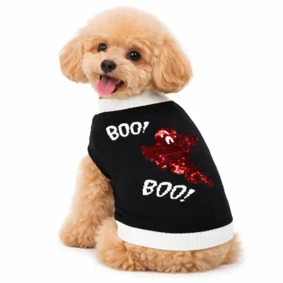 Cute Dog Wearing Halloween Ghost Sweater Reversible Sequin Pet Outfit cute dog wearing halloween ghost sweater reversible sequin boo pet outfit black sweater