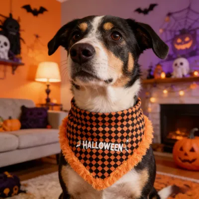 Halloween Dog Bandana in Home Scene Pet Costume Accessory | Petfairs dog wearing halloween bandana indoor halloween decoration pumpkin background