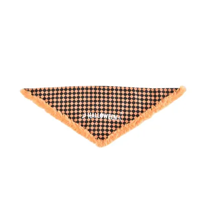 Halloween Pet Bandana Checkered Dog Scarf Wholesale | Petfairs halloween pet bandana flat lay orange black checkered dog scarf fuzzy edge