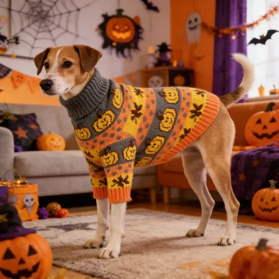 dog wearing halloween sweater in decorated home with pumpkins and festive background