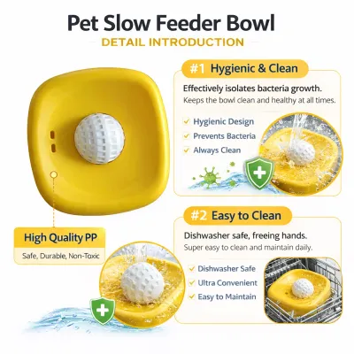 yellow pet slow feeder bowl with PP material, hygienic design, easy to clean and dishwasher safe