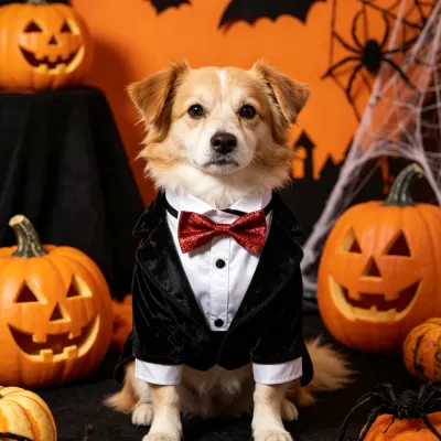 Halloween Dog Costume Vampire Outfit in Festive Pumpkin Scene dog wearing halloween vampire costume with bow tie sitting with pumpkins halloween decoration