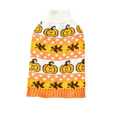 white halloween dog sweater with pumpkin and leaf pattern knit pet clothing