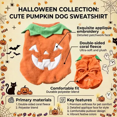 Pumpkin Dog Sweatshirt Features Soft Fleece Halloween Pet Apparel halloween pumpkin dog sweatshirt with applique embroidery soft coral fleece and comfortable fit