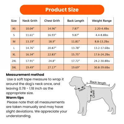 Dog Halloween Sweatshirt Size Chart XS to 3XL Pet Clothing Wholesale dog halloween sweatshirt size chart with neck chest back length and weight range for pet clothing sizing guide
