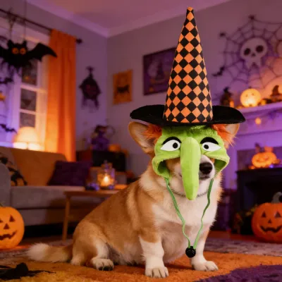 dog wearing halloween witch hat in decorated home pumpkin party cosplay pet costume