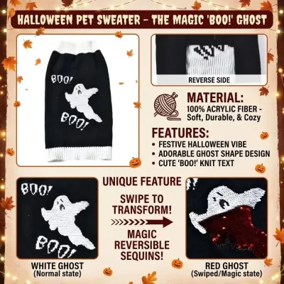 Halloween Pet Sweater Reversible Sequin Ghost Acrylic Dog Clothes Bulk halloween pet sweater reversible sequin ghost acrylic fabric boo dog clothes wholesale