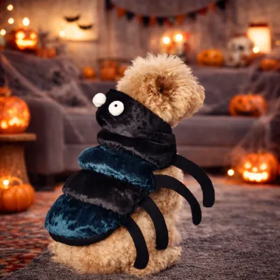Dog Wearing Halloween Spider Costume in Festive Home Scene dog wearing halloween spider costume at home with pumpkins festive decoration