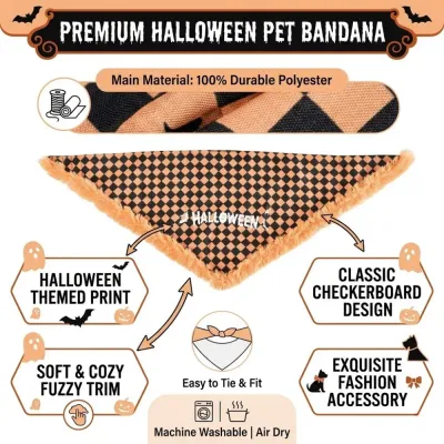 Halloween Dog Bandana Features Soft Trim Polyester Material | Petfairs halloween dog bandana features polyester material fuzzy trim checkered design washable
