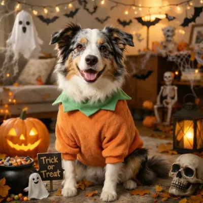 Halloween Dog Costume Pumpkin Sweatshirt Party Scene Pet Outfit dog wearing pumpkin halloween sweatshirt in festive home decoration scene with pumpkins lights and halloween props