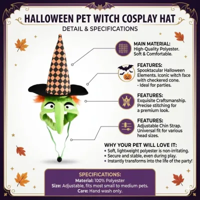 halloween dog witch hat features polyester material adjustable strap cosplay pet costume details