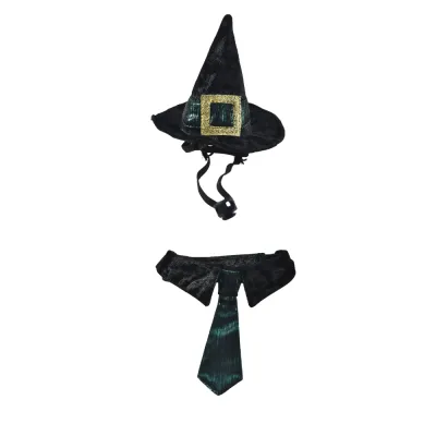black velvet halloween dog hat with buckle and matching collar tie set